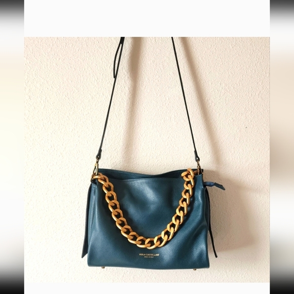 Viola Castellani Genuine Leather Handbag Blue Teal w Chunky Chain Accent - Picture 2 of 10